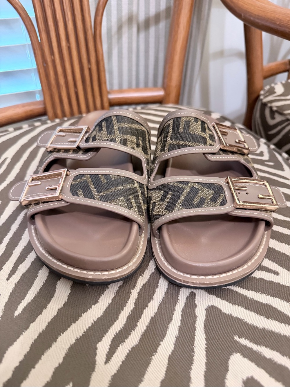 Fendi Taupe Logo Double-Buckle Slide Sandals for Kids